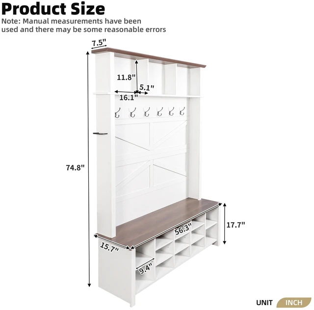 Alt view image 7 of 7 - Tree with 6 Hooks, Practical Entryway Bench with Adjustable Shelves Wooden Shoe Organizer with 16 Compartments