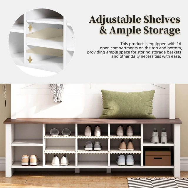 Alt view image 5 of 7 - Tree with 6 Hooks, Practical Entryway Bench with Adjustable Shelves Wooden Shoe Organizer with 16 Compartments