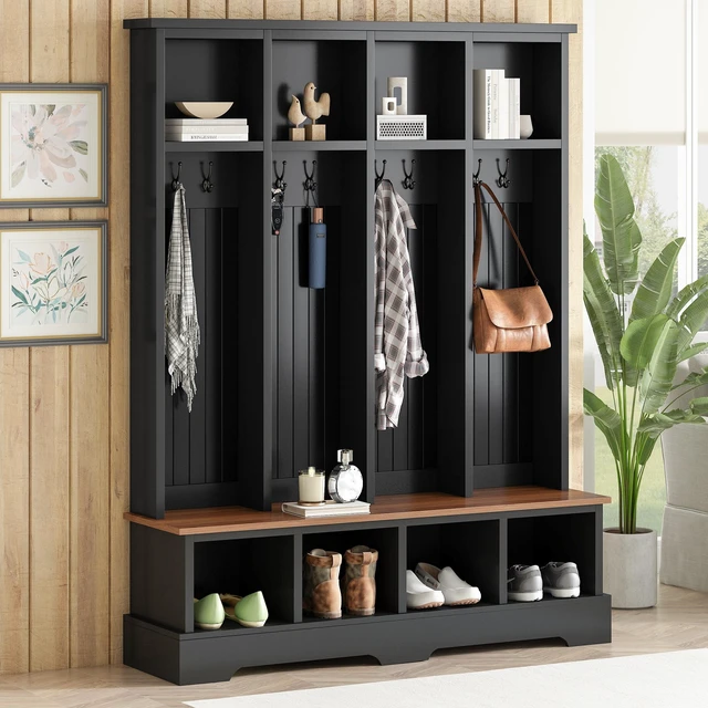 Main image of Tree with 8 Hooks, Practical Entryway Bench with Open Compartments 76.7 Inch Wooden Coat and Shoe Rack for Mudroom