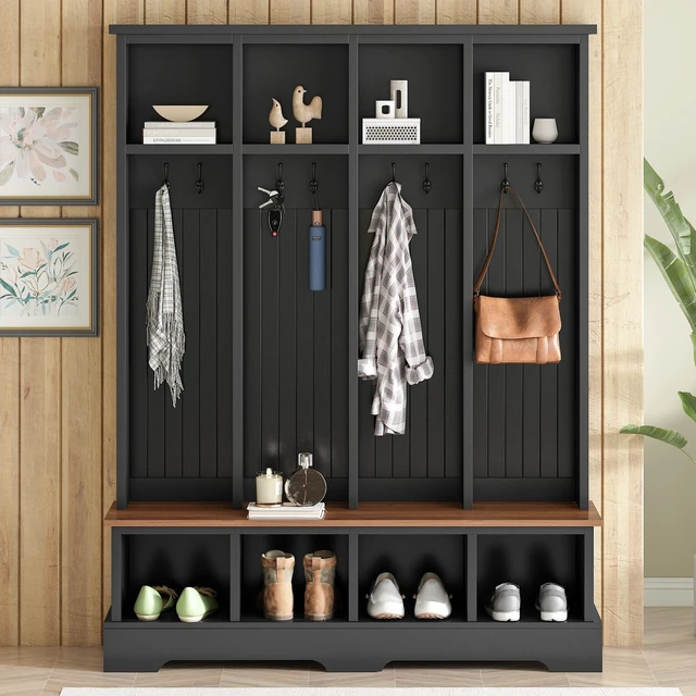 Alt view image 2 of 7 - Tree with 8 Hooks, Practical Entryway Bench with Open Compartments 76.7 Inch Wooden Coat and Shoe Rack for Mudroom