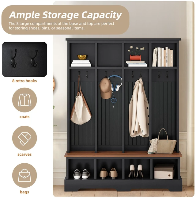 Alt view image 4 of 7 - Tree with 8 Hooks, Practical Entryway Bench with Open Compartments 76.7 Inch Wooden Coat and Shoe Rack for Mudroom