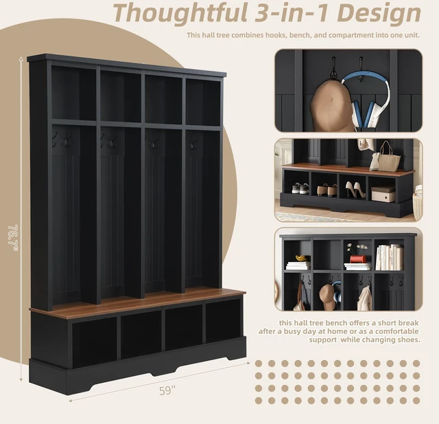 Alt view image 3 of 7 - Tree with 8 Hooks, Practical Entryway Bench with Open Compartments 76.7 Inch Wooden Coat and Shoe Rack for Mudroom