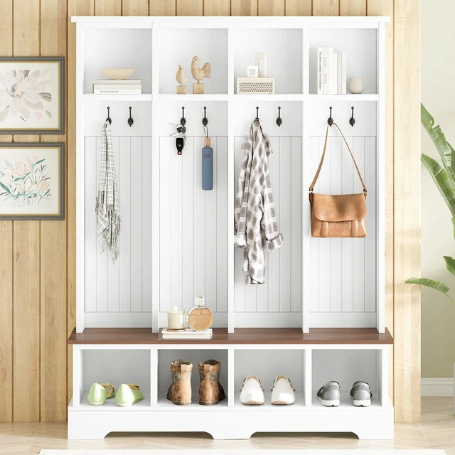 Alt view image 2 of 7 - Tree with 8 Hooks, Practical Entryway Bench with Open Compartments 76.7 Inch Wooden Coat and Shoe Rack for Mudroom