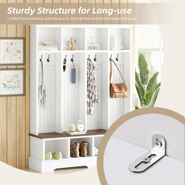 Alt view image 5 of 7 - Tree with 8 Hooks, Practical Entryway Bench with Open Compartments 76.7 Inch Wooden Coat and Shoe Rack for Mudroom