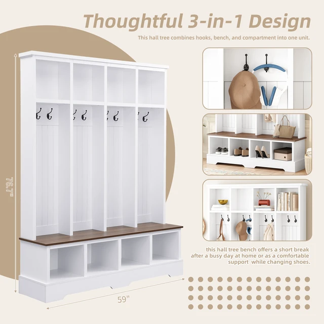 Alt view image 4 of 7 - Tree with 8 Hooks, Practical Entryway Bench with Open Compartments 76.7 Inch Wooden Coat and Shoe Rack for Mudroom