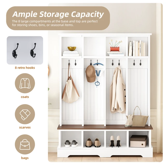 Alt view image 6 of 7 - Tree with 8 Hooks, Practical Entryway Bench with Open Compartments 76.7 Inch Wooden Coat and Shoe Rack for Mudroom