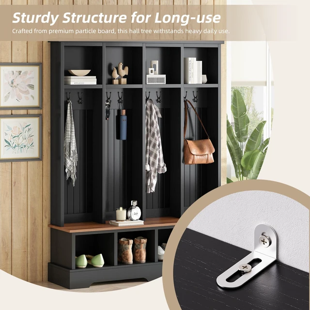 Alt view image 6 of 7 - Tree with 8 Hooks, Practical Entryway Bench with Open Compartments 76.7 Inch Wooden Coat and Shoe Rack for Mudroom