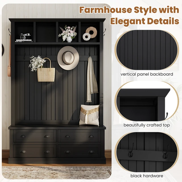 Alt view image 3 of 7 - Tree with 4 Drawers, Beadboard Mudroom Coat Rack with 6 Hooks All In-One Entryway Storage Bench with Display Shelf