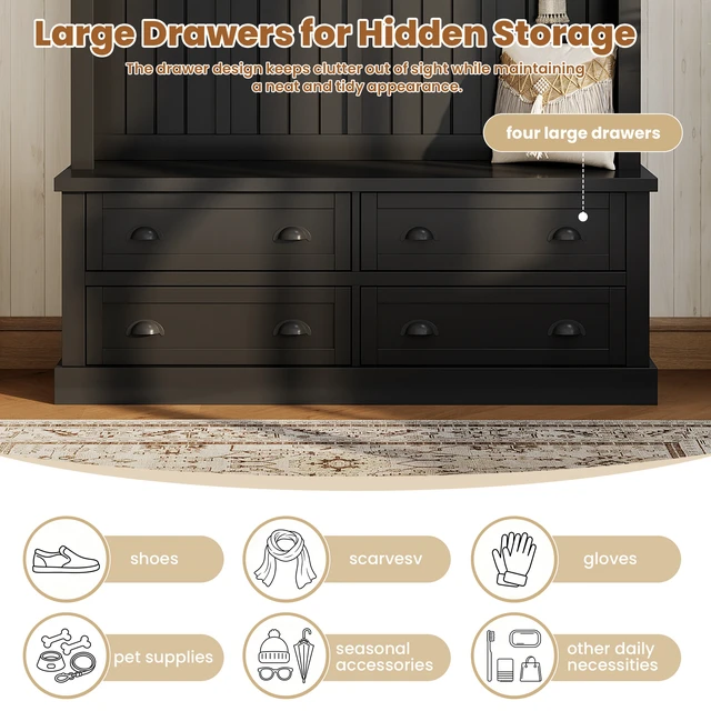 Alt view image 5 of 7 - Tree with 4 Drawers, Beadboard Mudroom Coat Rack with 6 Hooks All In-One Entryway Storage Bench with Display Shelf