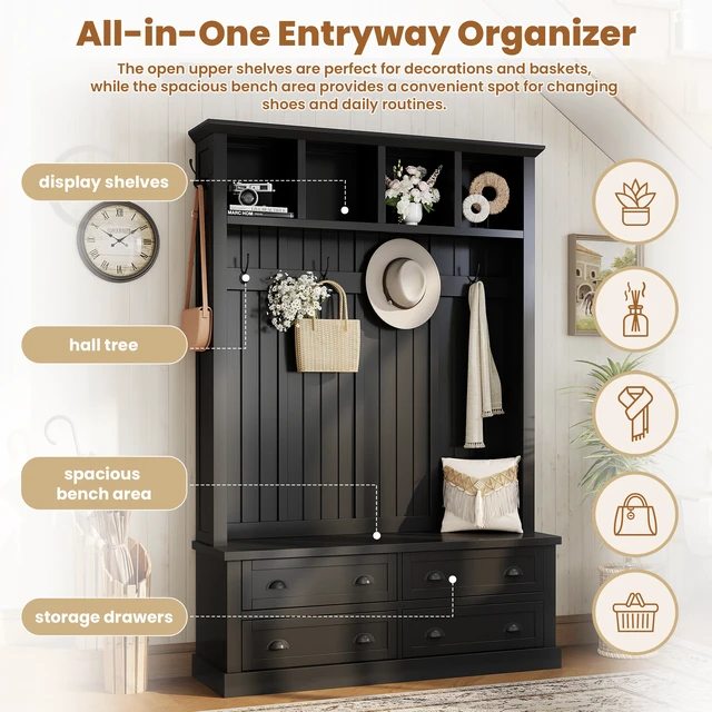 Alt view image 4 of 7 - Tree with 4 Drawers, Beadboard Mudroom Coat Rack with 6 Hooks All In-One Entryway Storage Bench with Display Shelf