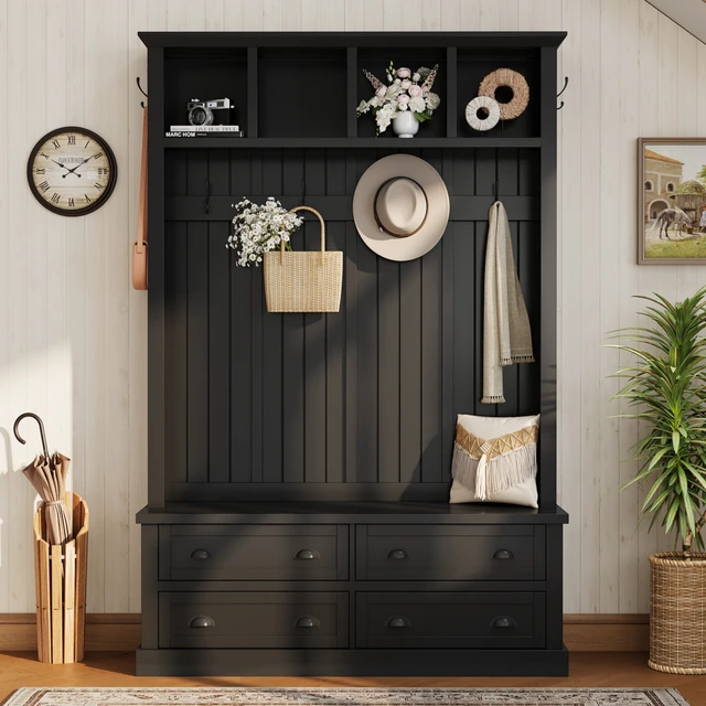 Alt view image 2 of 7 - Tree with 4 Drawers, Beadboard Mudroom Coat Rack with 6 Hooks All In-One Entryway Storage Bench with Display Shelf