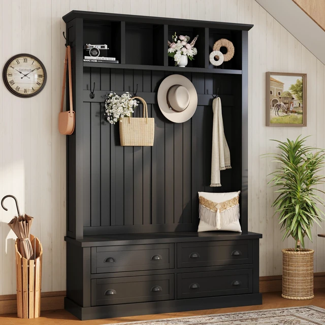 Main image of Tree with 4 Drawers, Beadboard Mudroom Coat Rack with 6 Hooks All In-One Entryway Storage Bench with Display Shelf