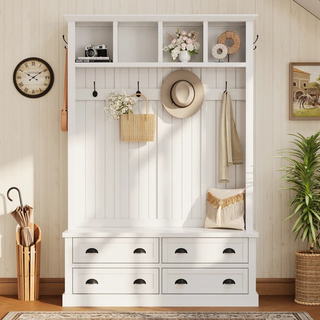 Alt view image 2 of 7 - Tree with 4 Drawers, Beadboard Mudroom Coat Rack with 6 Hooks All In-One Entryway Storage Bench with Display Shelf