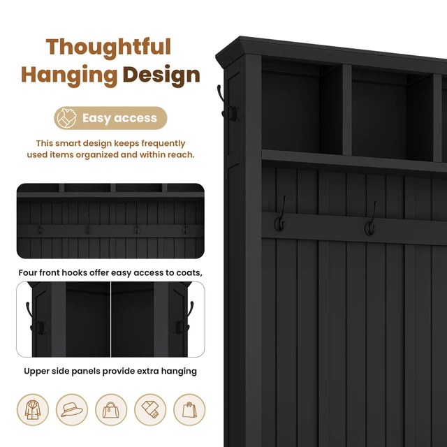 Alt view image 6 of 7 - Tree with 4 Drawers, Beadboard Mudroom Coat Rack with 6 Hooks All In-One Entryway Storage Bench with Display Shelf