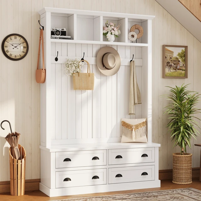 Main image of Tree with 4 Drawers, Beadboard Mudroom Coat Rack with 6 Hooks All In-One Entryway Storage Bench with Display Shelf