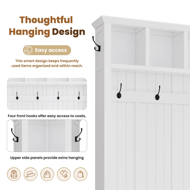 Alt view image 6 of 7 - Tree with 4 Drawers, Beadboard Mudroom Coat Rack with 6 Hooks All In-One Entryway Storage Bench with Display Shelf
