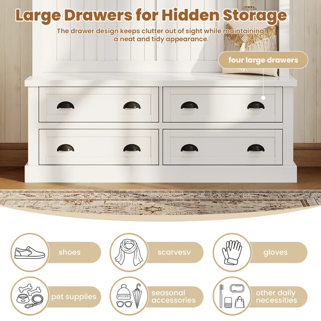 Alt view image 5 of 7 - Tree with 4 Drawers, Beadboard Mudroom Coat Rack with 6 Hooks All In-One Entryway Storage Bench with Display Shelf