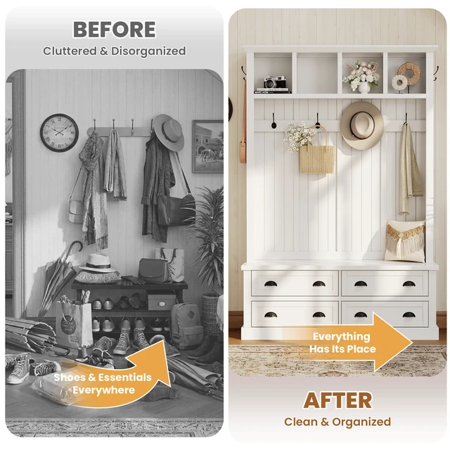 Alt view image 7 of 7 - Tree with 4 Drawers, Beadboard Mudroom Coat Rack with 6 Hooks All In-One Entryway Storage Bench with Display Shelf