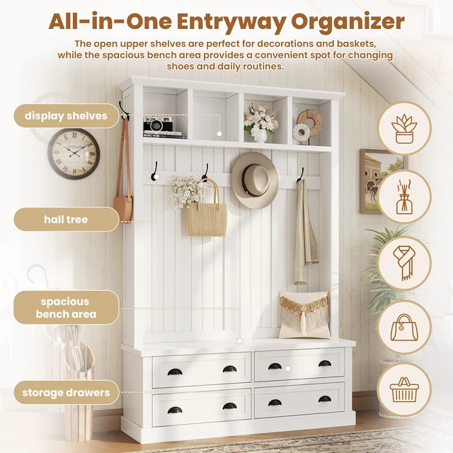 Alt view image 4 of 7 - Tree with 4 Drawers, Beadboard Mudroom Coat Rack with 6 Hooks All In-One Entryway Storage Bench with Display Shelf