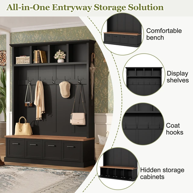 Alt view image 4 of 7 - Tree with Storage Bench, Mudroom Coat Rack with 6 Hooks All In-One Entryway Organizer with Open Shelves and Enclosed