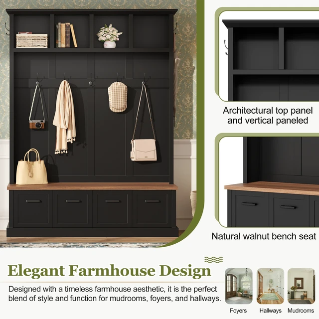 Alt view image 3 of 7 - Tree with Storage Bench, Mudroom Coat Rack with 6 Hooks All In-One Entryway Organizer with Open Shelves and Enclosed