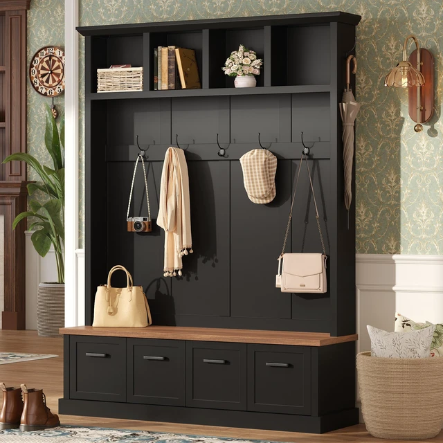 Main image of Tree with Storage Bench, Mudroom Coat Rack with 6 Hooks All In-One Entryway Organizer with Open Shelves and Enclosed