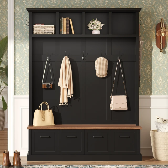 Alt view image 2 of 7 - Tree with Storage Bench, Mudroom Coat Rack with 6 Hooks All In-One Entryway Organizer with Open Shelves and Enclosed