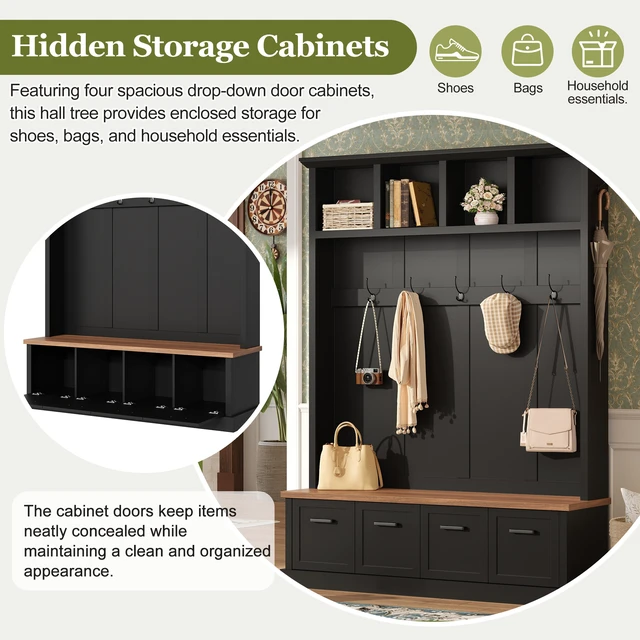 Alt view image 5 of 7 - Tree with Storage Bench, Mudroom Coat Rack with 6 Hooks All In-One Entryway Organizer with Open Shelves and Enclosed