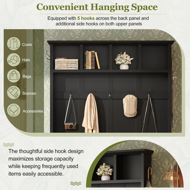 Alt view image 6 of 7 - Tree with Storage Bench, Mudroom Coat Rack with 6 Hooks All In-One Entryway Organizer with Open Shelves and Enclosed