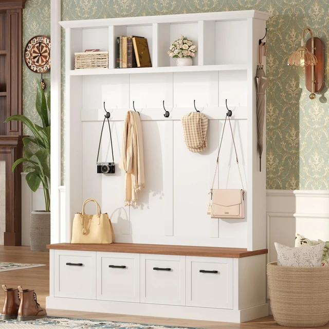 Main image of Tree with Storage Bench, Mudroom Coat Rack with 6 Hooks All In-One Entryway Organizer with Open Shelves and Enclosed