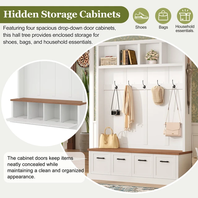 Alt view image 5 of 7 - Tree with Storage Bench, Mudroom Coat Rack with 6 Hooks All In-One Entryway Organizer with Open Shelves and Enclosed
