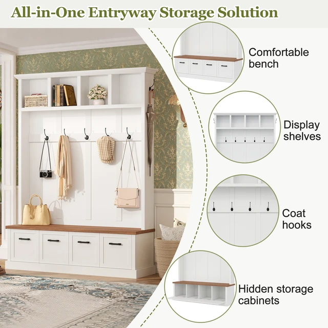 Alt view image 4 of 7 - Tree with Storage Bench, Mudroom Coat Rack with 6 Hooks All In-One Entryway Organizer with Open Shelves and Enclosed