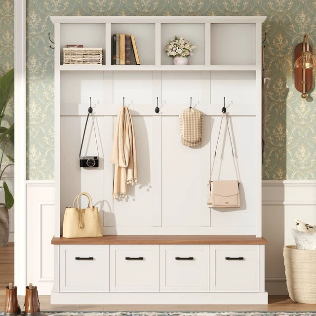 Alt view image 2 of 7 - Tree with Storage Bench, Mudroom Coat Rack with 6 Hooks All In-One Entryway Organizer with Open Shelves and Enclosed