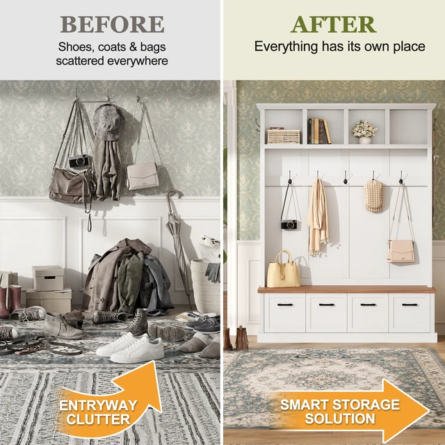 Alt view image 7 of 7 - Tree with Storage Bench, Mudroom Coat Rack with 6 Hooks All In-One Entryway Organizer with Open Shelves and Enclosed