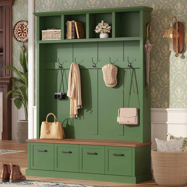 Main image of Tree with Storage Bench, Mudroom Coat Rack with 6 Hooks All In-One Entryway Organizer with Open Shelves and Enclosed