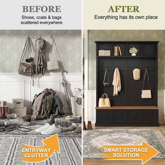 Alt view image 7 of 7 - Tree with Storage Bench, Mudroom Coat Rack with 6 Hooks All In-One Entryway Organizer with Open Shelves and Enclosed