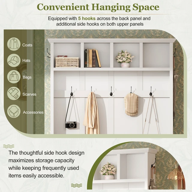 Alt view image 6 of 7 - Tree with Storage Bench, Mudroom Coat Rack with 6 Hooks All In-One Entryway Organizer with Open Shelves and Enclosed