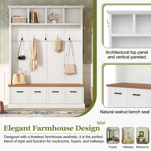 Alt view image 3 of 7 - Tree with Storage Bench, Mudroom Coat Rack with 6 Hooks All In-One Entryway Organizer with Open Shelves and Enclosed