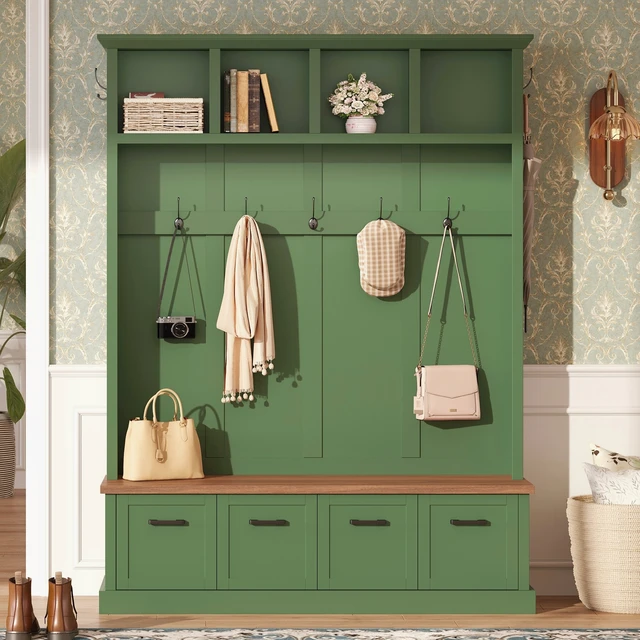 Alt view image 2 of 7 - Tree with Storage Bench, Mudroom Coat Rack with 6 Hooks All In-One Entryway Organizer with Open Shelves and Enclosed