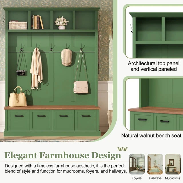 Alt view image 3 of 7 - Tree with Storage Bench, Mudroom Coat Rack with 6 Hooks All In-One Entryway Organizer with Open Shelves and Enclosed