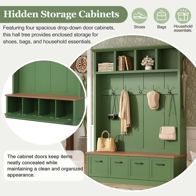 Alt view image 5 of 7 - Tree with Storage Bench, Mudroom Coat Rack with 6 Hooks All In-One Entryway Organizer with Open Shelves and Enclosed