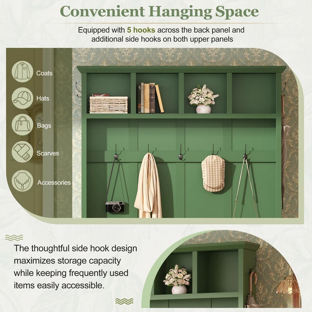 Alt view image 6 of 7 - Tree with Storage Bench, Mudroom Coat Rack with 6 Hooks All In-One Entryway Organizer with Open Shelves and Enclosed