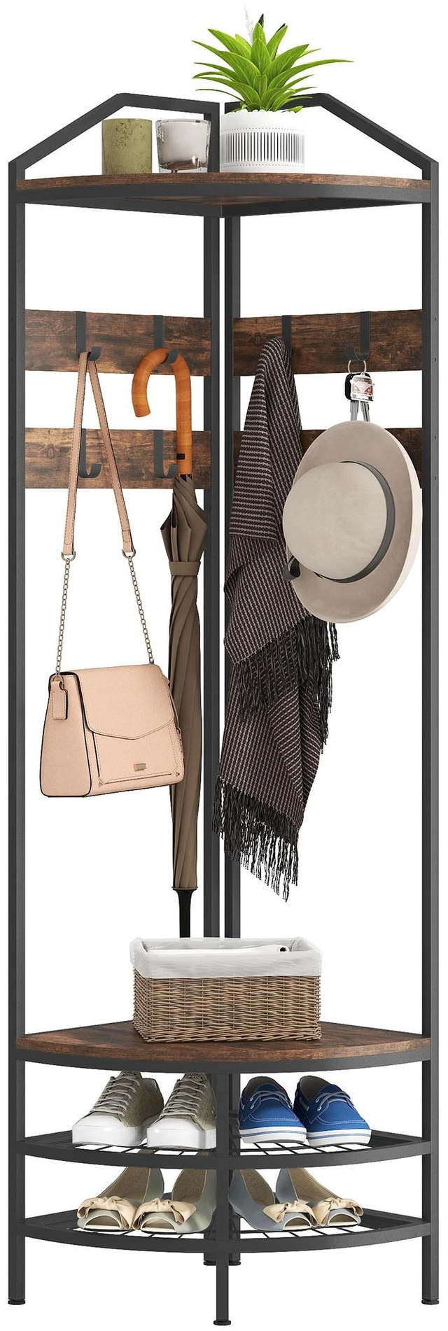 Main image of Corner Tree, 4 Tier Coat Rack with Shoe Storage Movable Hooks and Storage Shelves Freestanding Entryway Coat Rack