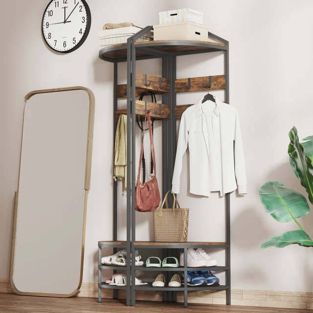 Alt view image 3 of 7 - Corner Tree, 4 Tier Coat Rack with Shoe Storage Movable Hooks and Storage Shelves Freestanding Entryway Coat Rack