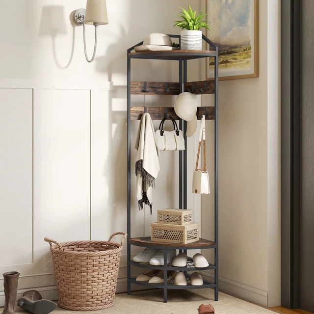 Alt view image 2 of 7 - Corner Tree, 4 Tier Coat Rack with Shoe Storage Movable Hooks and Storage Shelves Freestanding Entryway Coat Rack