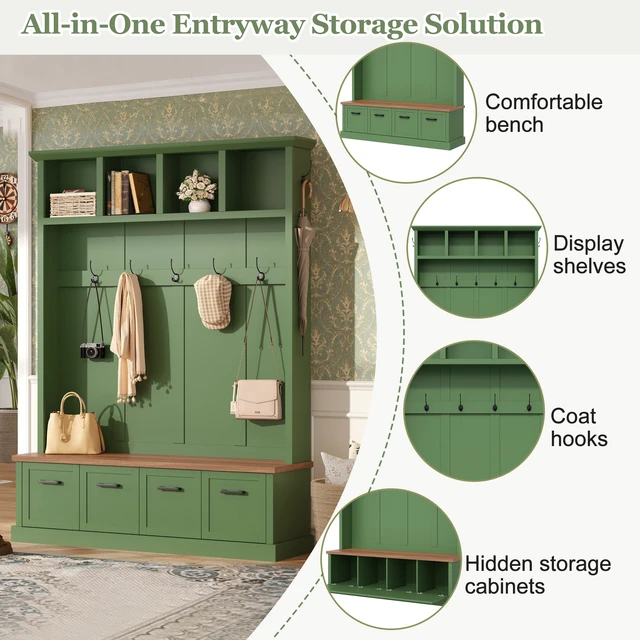 Alt view image 4 of 7 - Tree with Storage Bench, Mudroom Coat Rack with 6 Hooks All In-One Entryway Organizer with Open Shelves and Enclosed