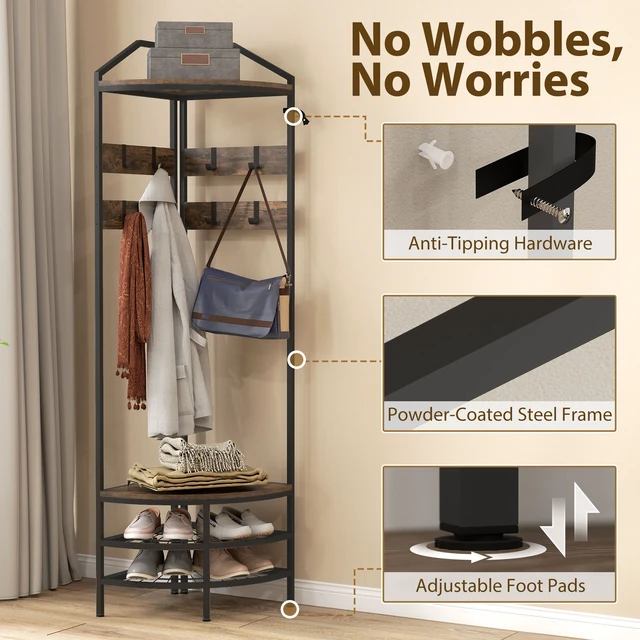 Alt view image 5 of 7 - Corner Tree, 4 Tier Coat Rack with Shoe Storage Movable Hooks and Storage Shelves Freestanding Entryway Coat Rack