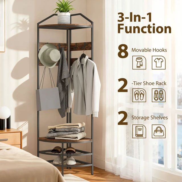 Alt view image 7 of 7 - Corner Tree, 4 Tier Coat Rack with Shoe Storage Movable Hooks and Storage Shelves Freestanding Entryway Coat Rack