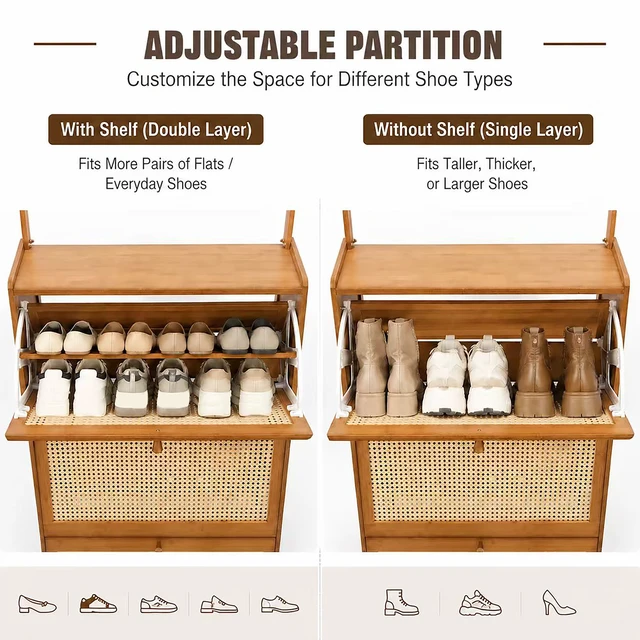 Alt view image 4 of 7 - Shoe Cabinet with Rattan Flip Drawers, Bamboo Shoe Storage Cabinet with Coat Hooks Freestanding Storage for Entryway