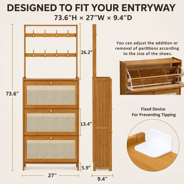 Alt view image 2 of 7 - Shoe Cabinet with Rattan Flip Drawers, Bamboo Shoe Storage Cabinet with Coat Hooks Freestanding Storage for Entryway